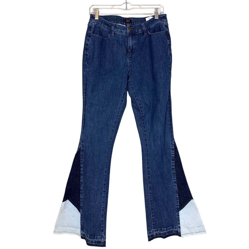 Gili Womens 6 Blue Denim Tri-Color Patchwork Flare Leg Stretch Jeans Boho Chic